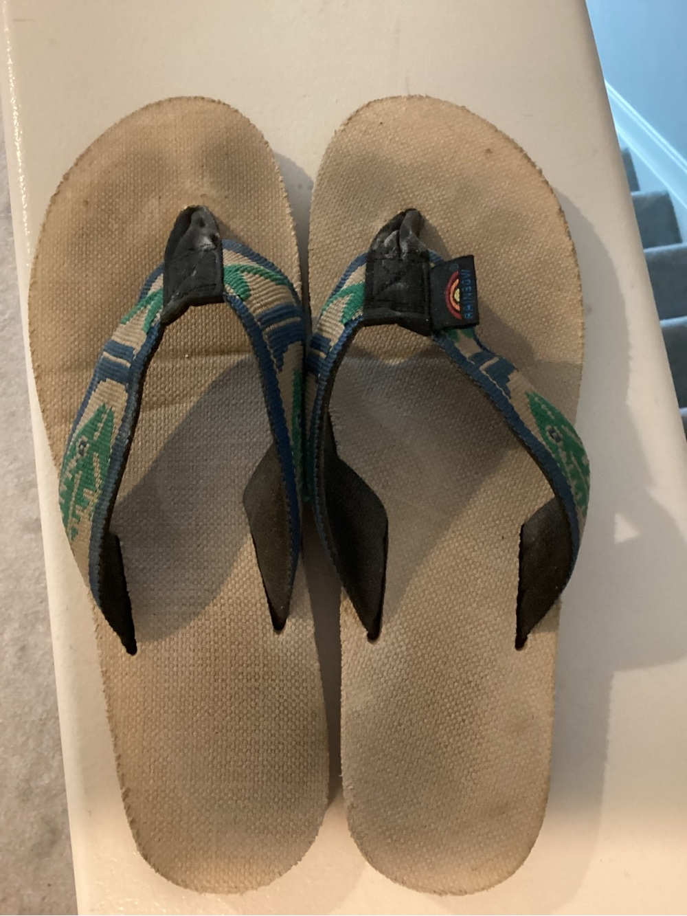 Rainbow Beige Sandals with Blue and Green Patterned Straps